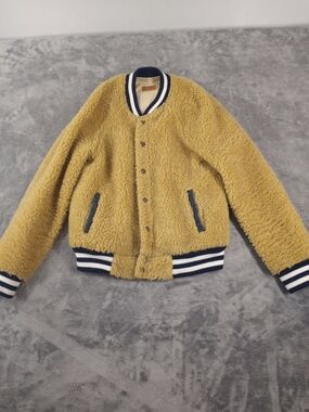 MOTHER Women's Mustard Sherpa Bomber Jacket with Navy Trim Size Small